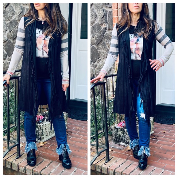 #24 Chic plaid sleeves fringe trim open cardigan - Picture 6 of 6